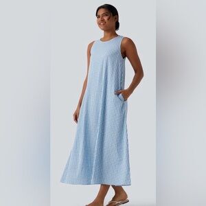 Halara NWT Midi Crinkle Gingham Tank Dress with Pockets Size Large